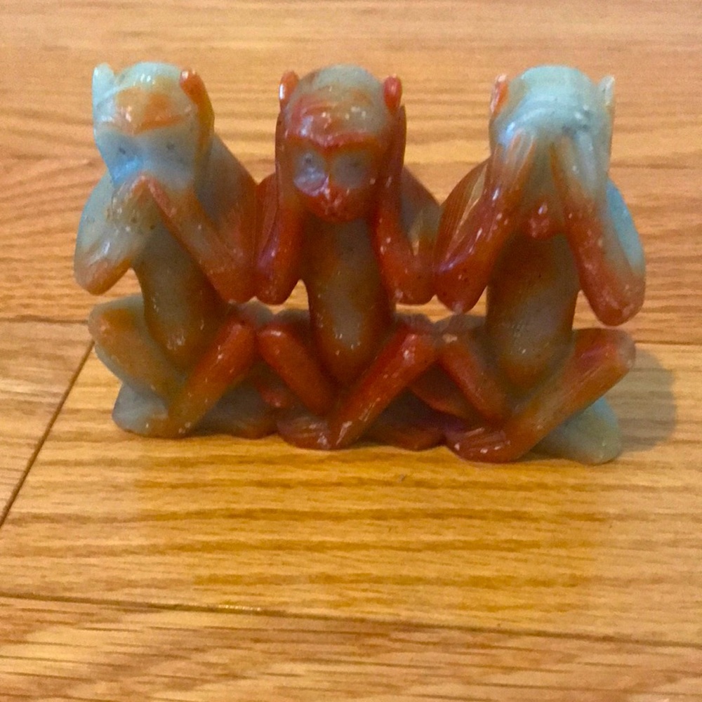 Carved stone “hear no/ speak no / see no evil” monkey sculpture